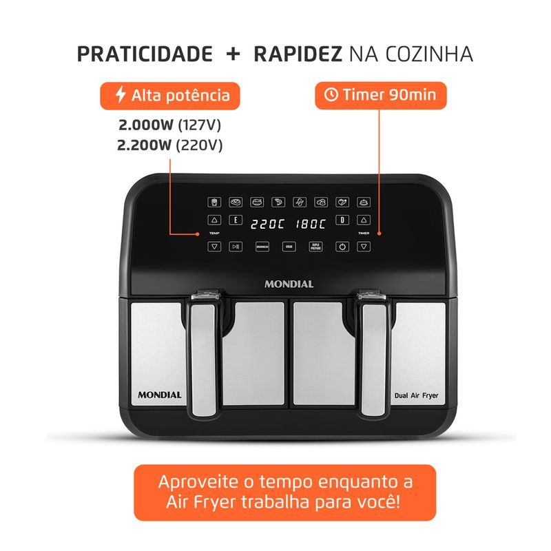 Fritadeira-Air-Fryer-Dual-Duplo-Cesto-8L-Mondial-AFD-01-BI-frontal